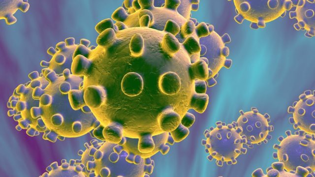3D illustration of yellow coronavirus particles with spike proteins on a blue and purple background